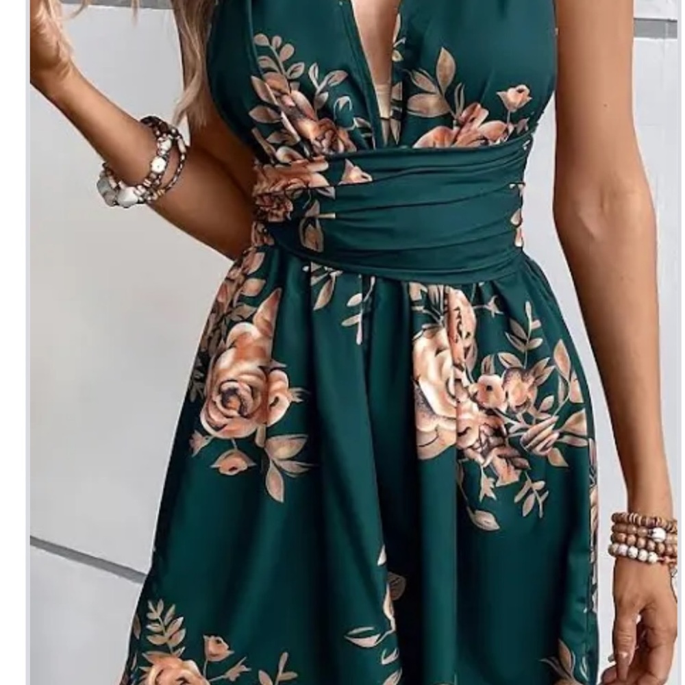 Deep V Floral Wrap Mini skort Dress in Emerald Green - Picture 3 of 5